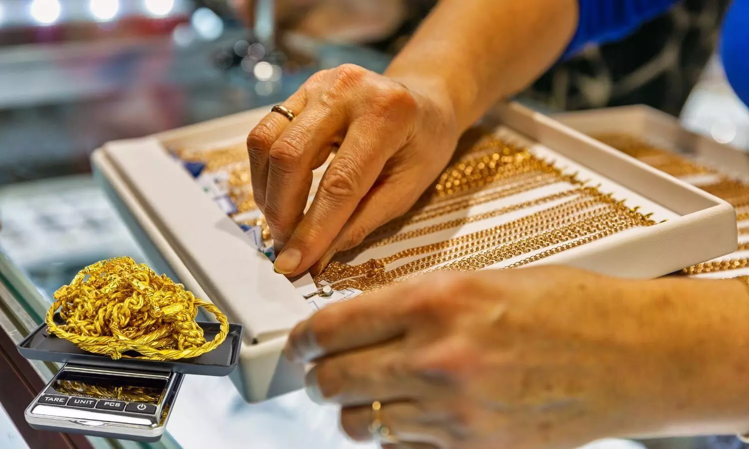 gold, silver ornaments in a jewellery shop