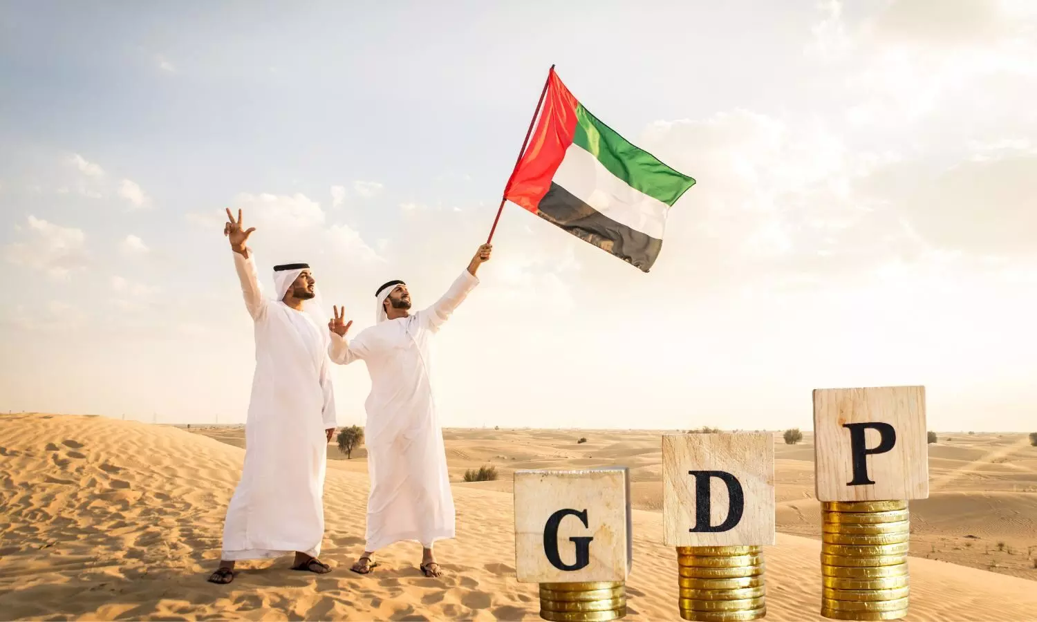 Arab men with UAE flag and GDP