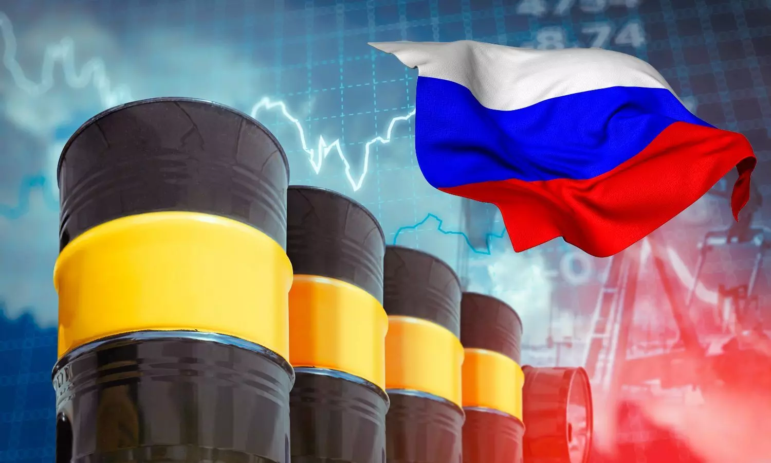 Crude oil barrels and Russian Flag
