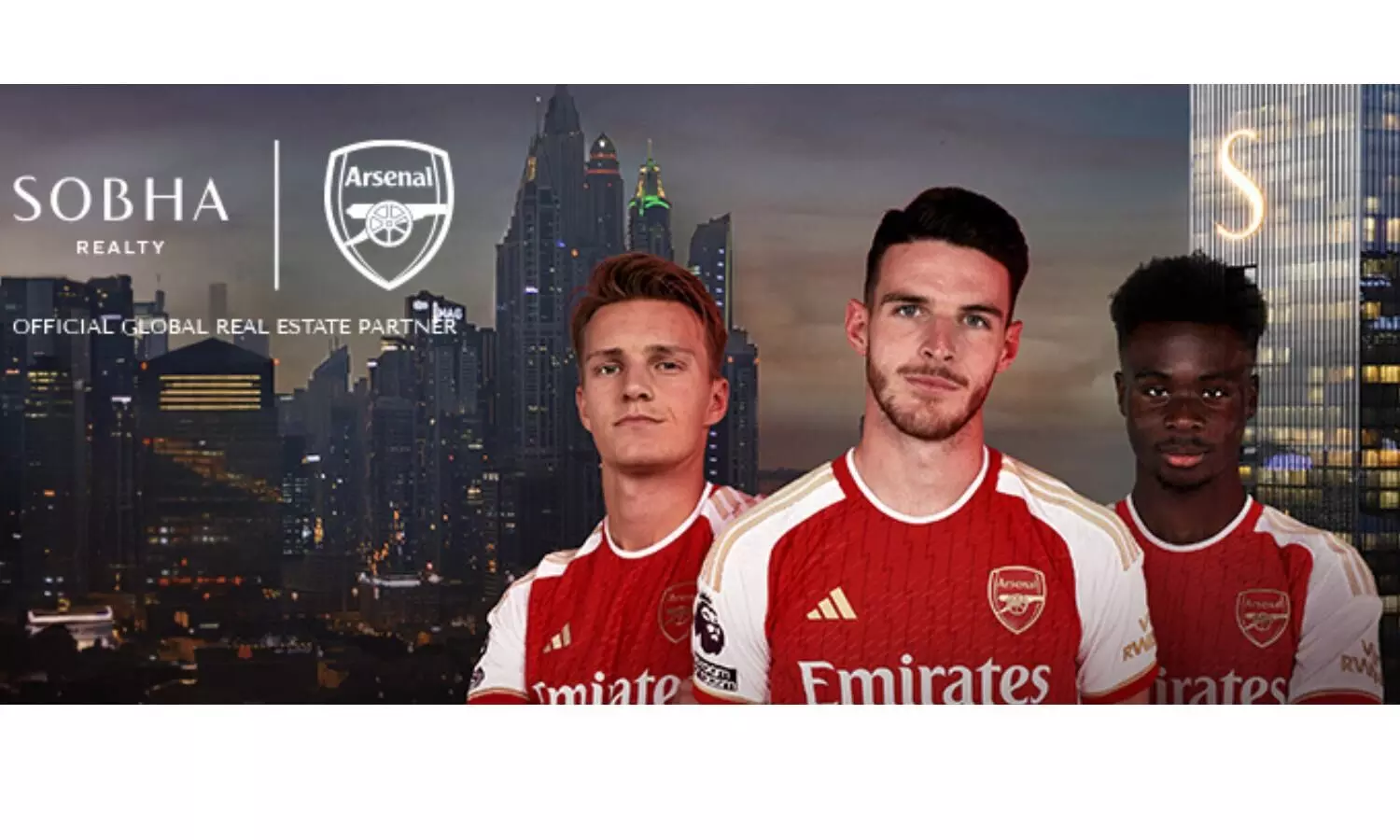 Logos of Arsenal and Sobha Realty along with Martin Odegaard, Declan Rice and Bukayo Saka