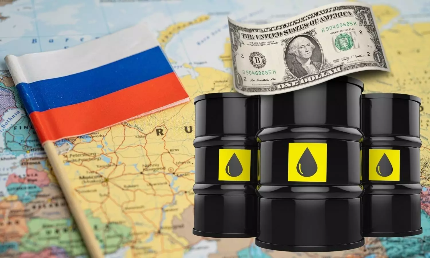 Russian Flag, Crude Oil barrels, Dollar note