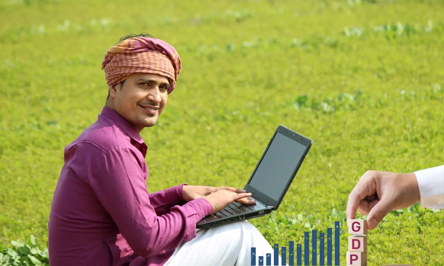 Indian Farmer using laptop, GDP Growth Graph