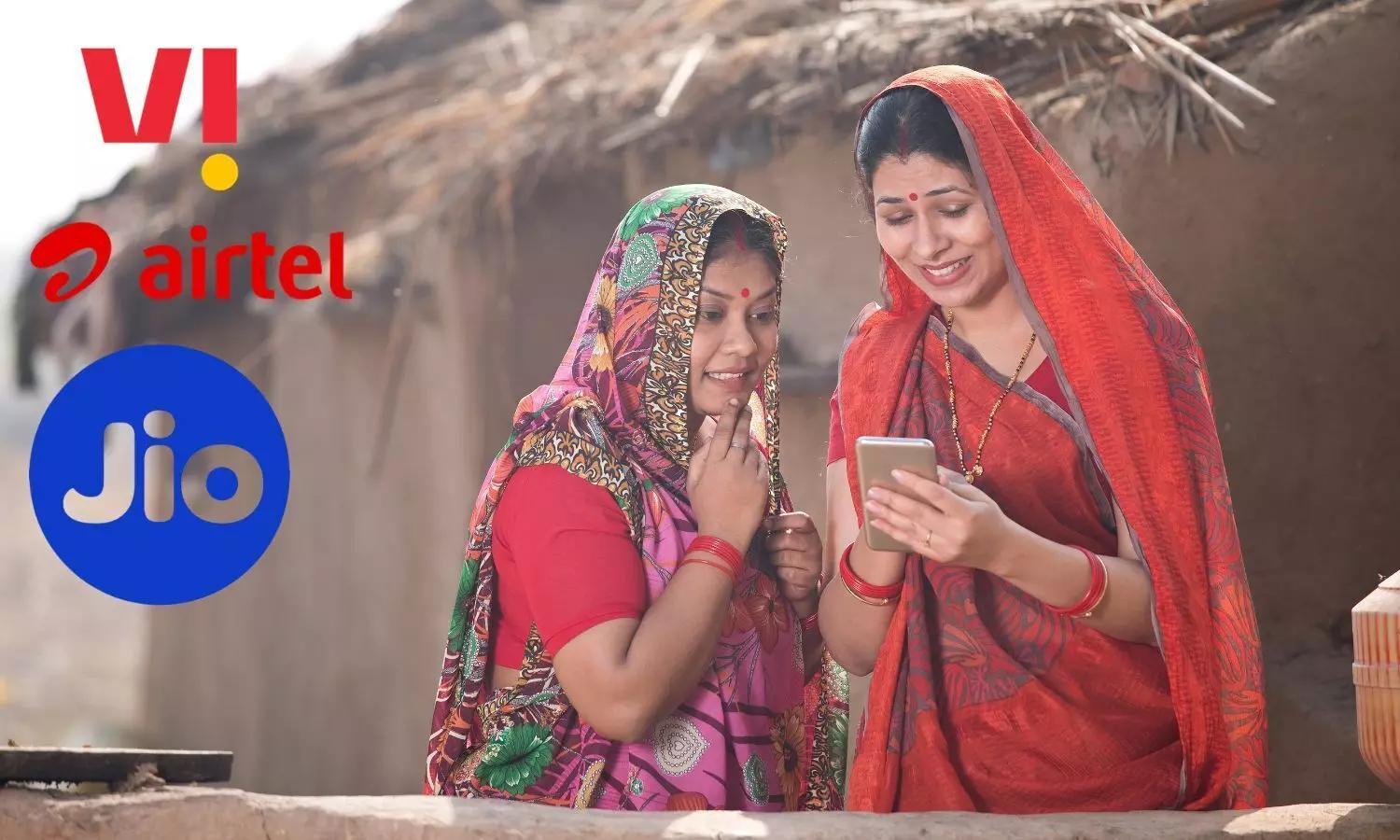 Telecom Company logos, Indian women look at mobile phone