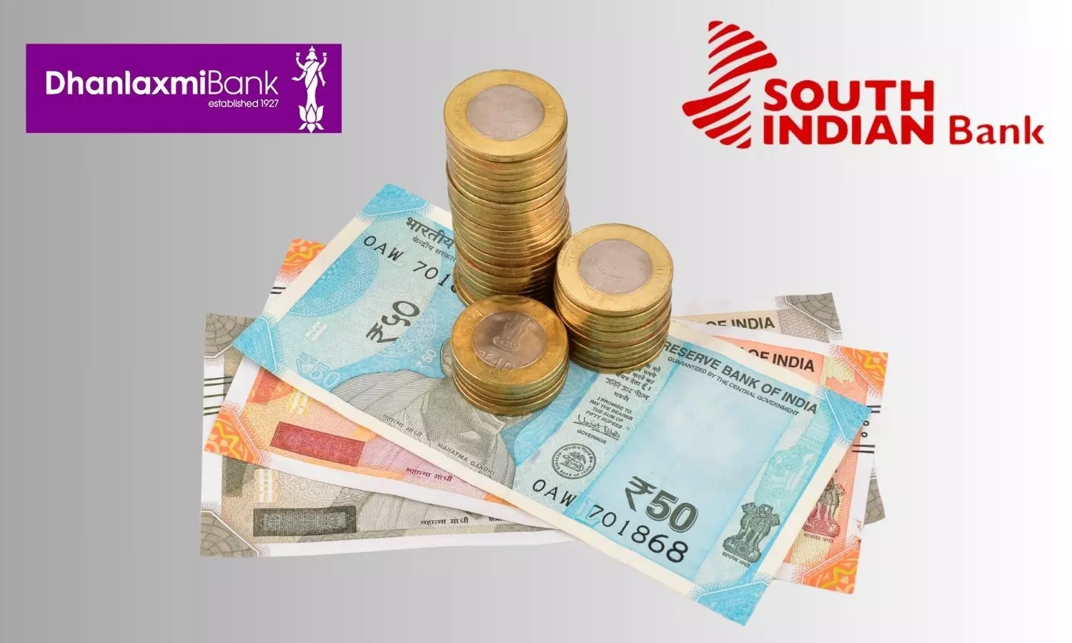 South Indian Bank, Dhanlaxmi Bank logos and Indian Rupees