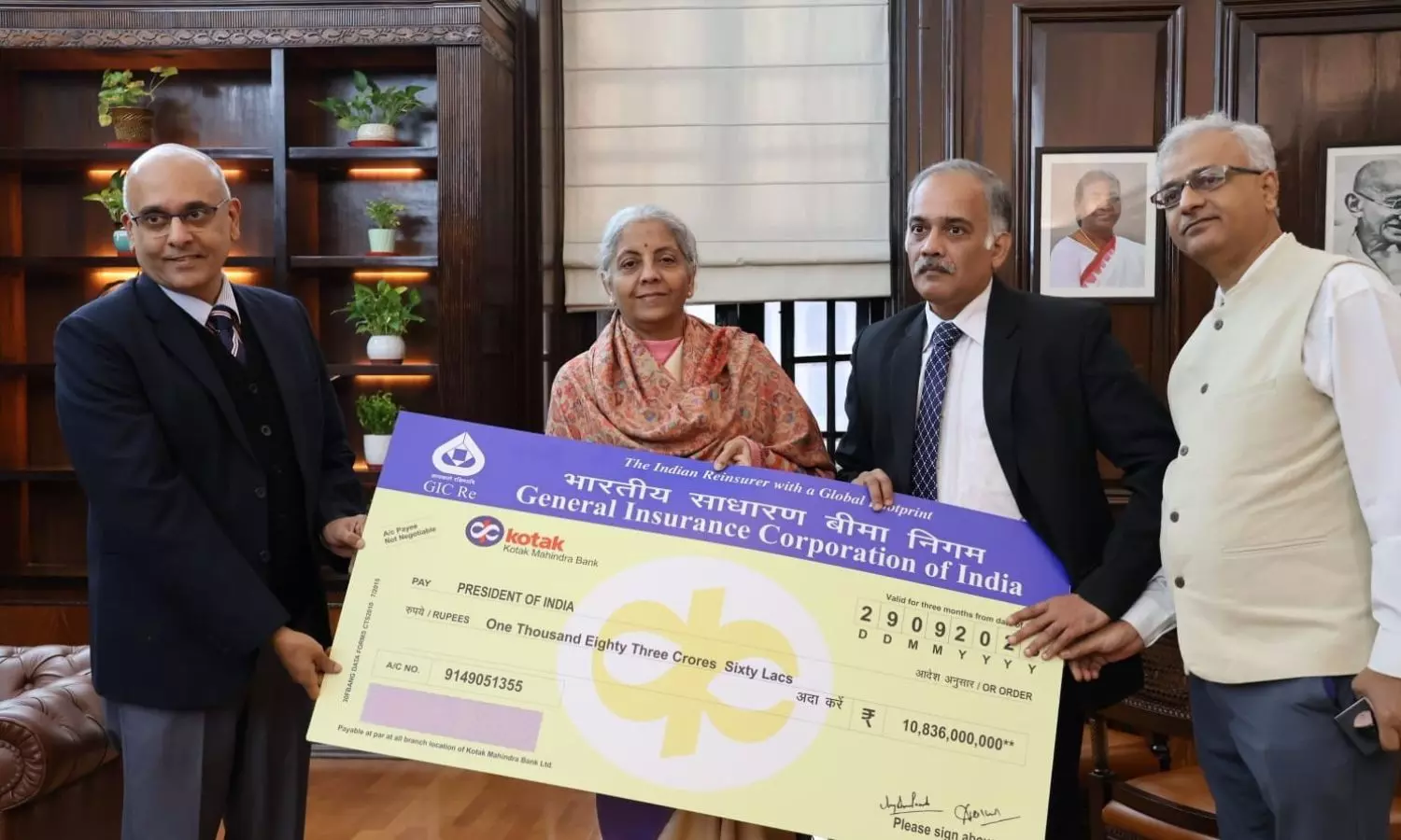 Nirmala Sitharaman receives dividend check