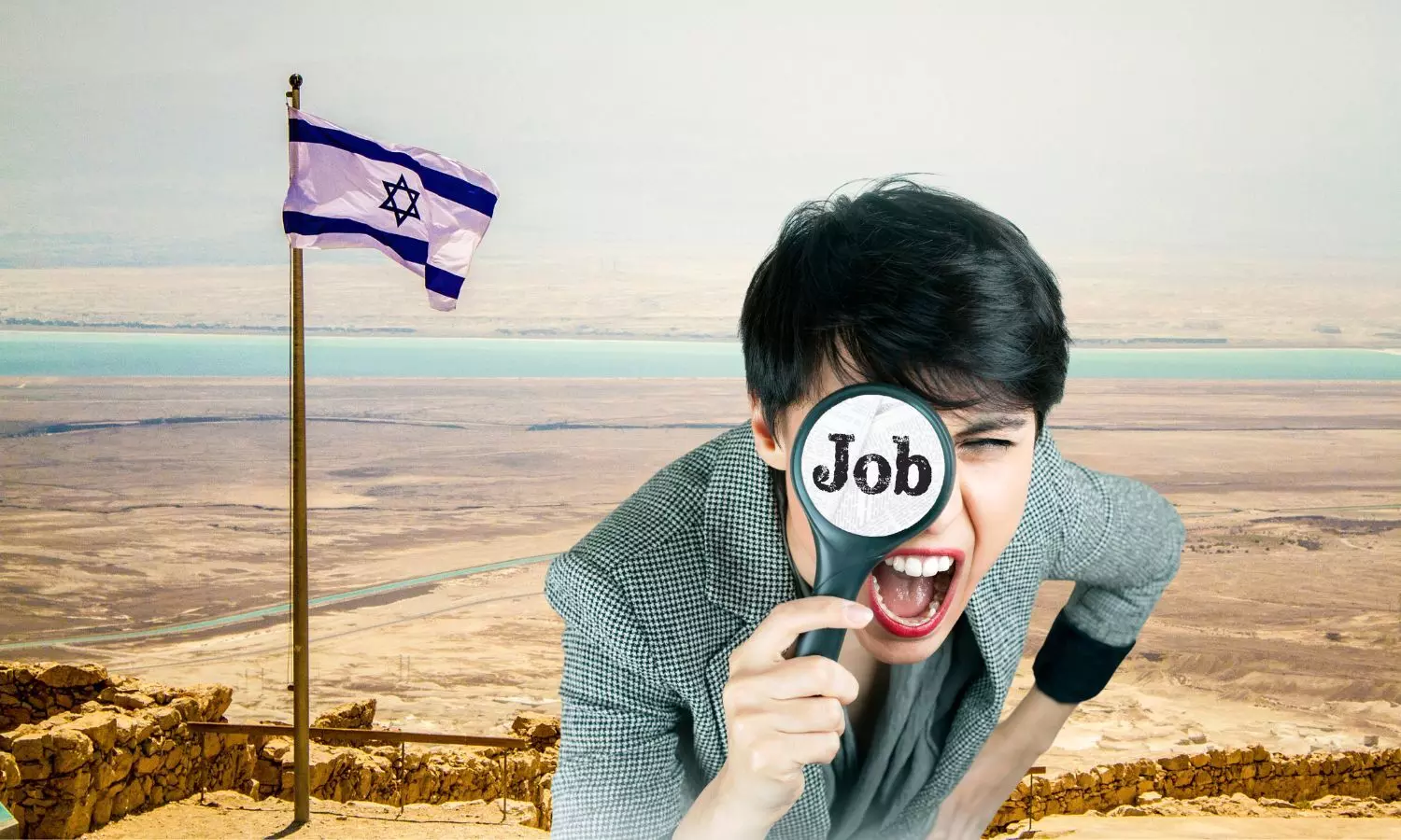 Israel flag, Man looking at job