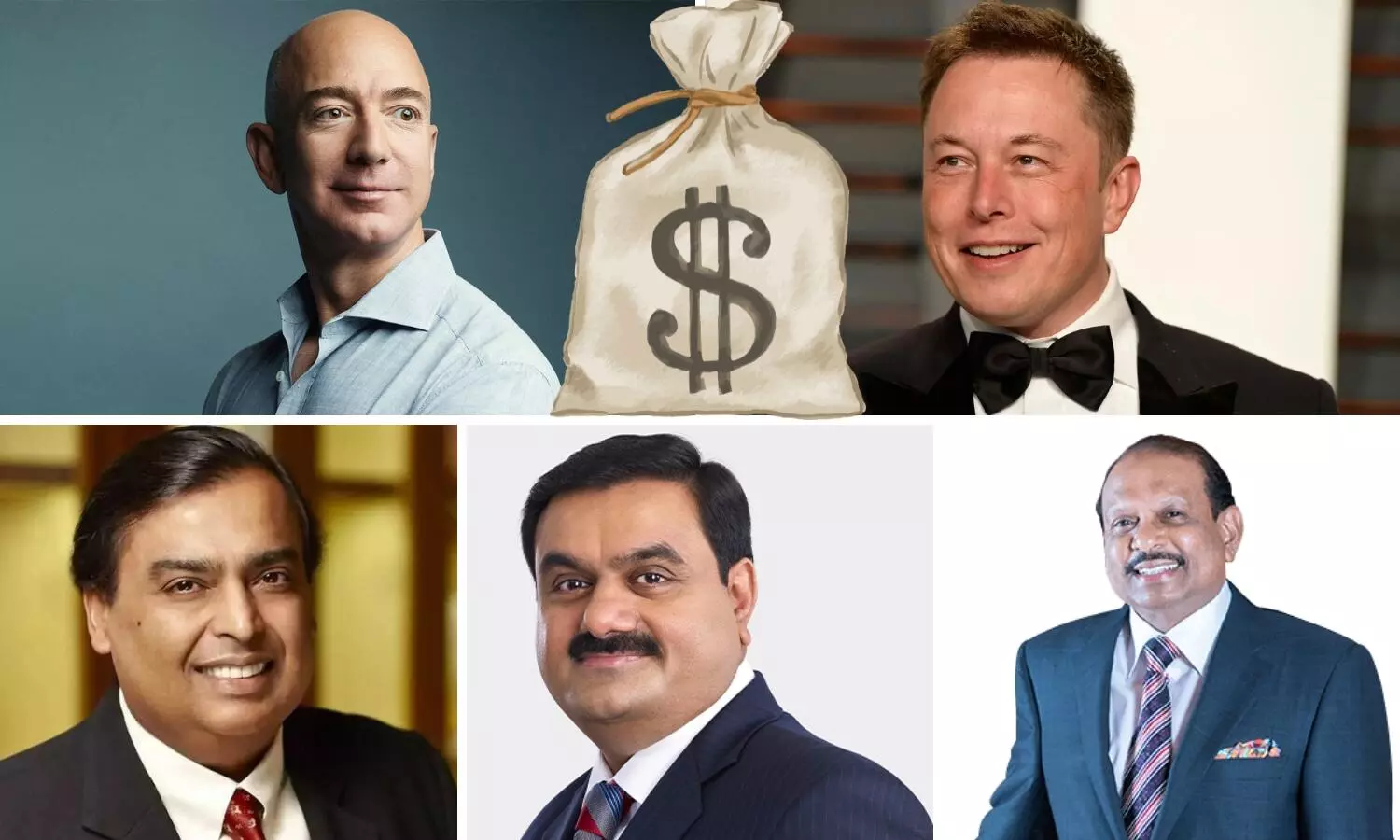 Jeff Bezos, Elon Musk, Mukesh Ambani, Gautam Adani, MA Yousuf Ali