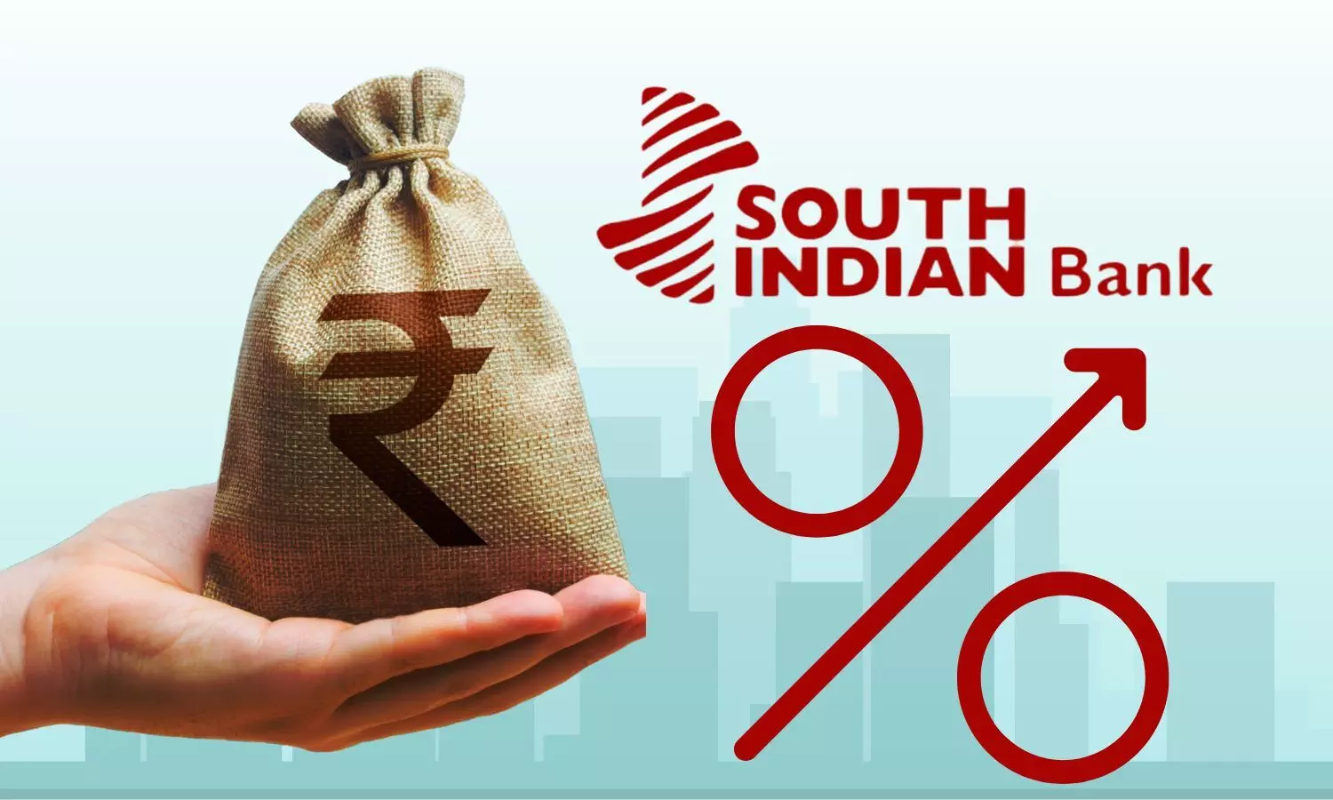 South Indian Bank logo, rupee sack in hand, Percent up