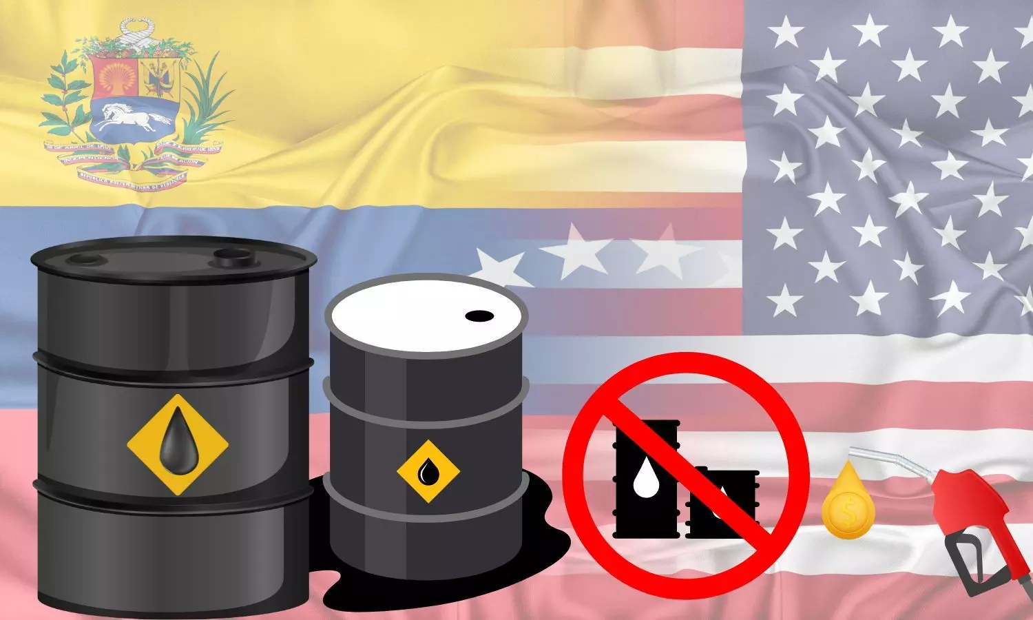 USA, Venezuela flags and Crude barrels