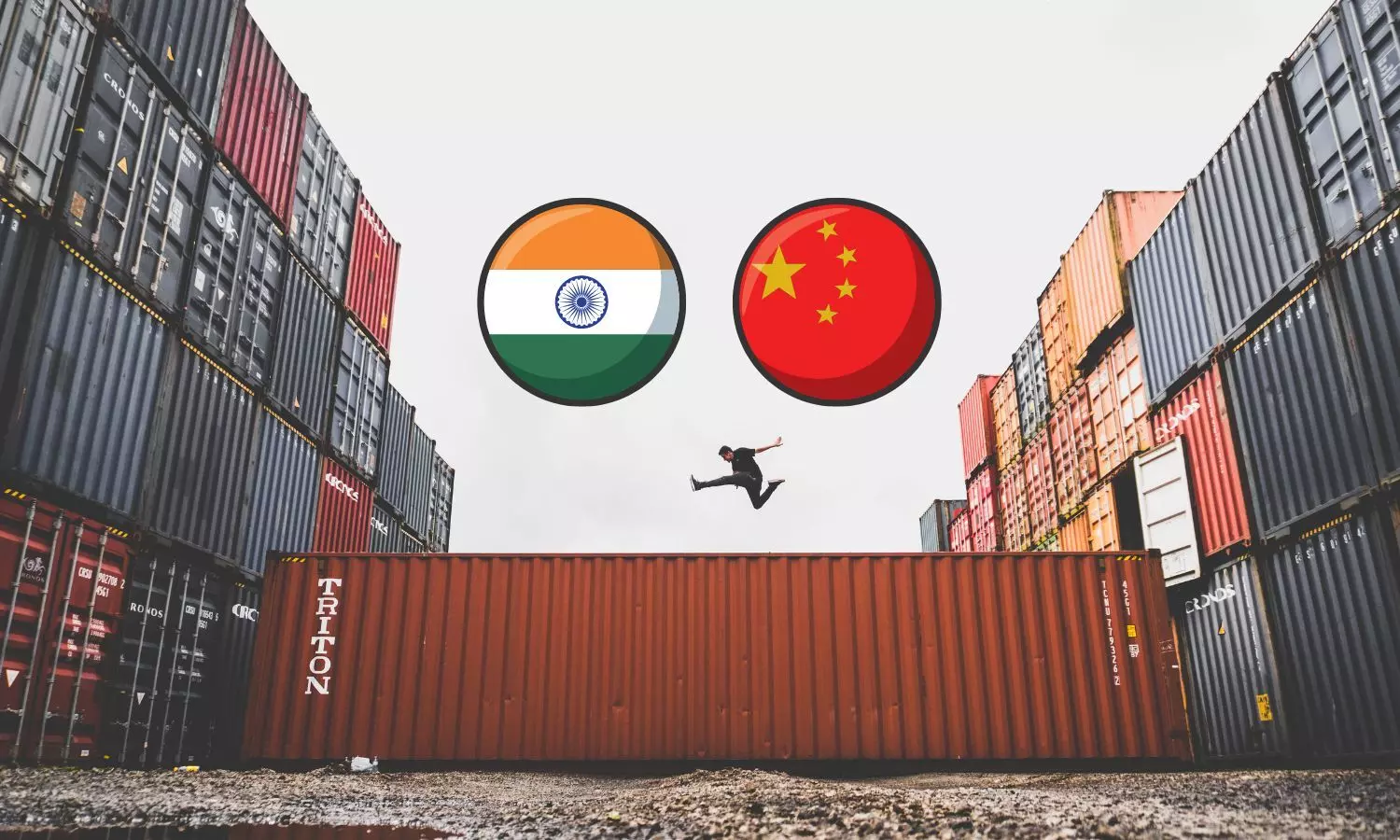 India, China flags, Containers