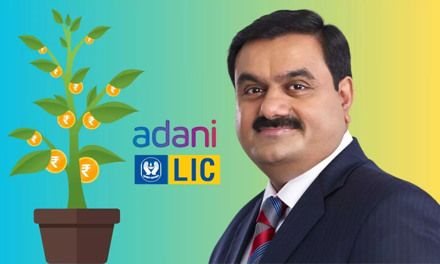 Gautam Adani, LIC logo, Adani Group logo, Rupee tree