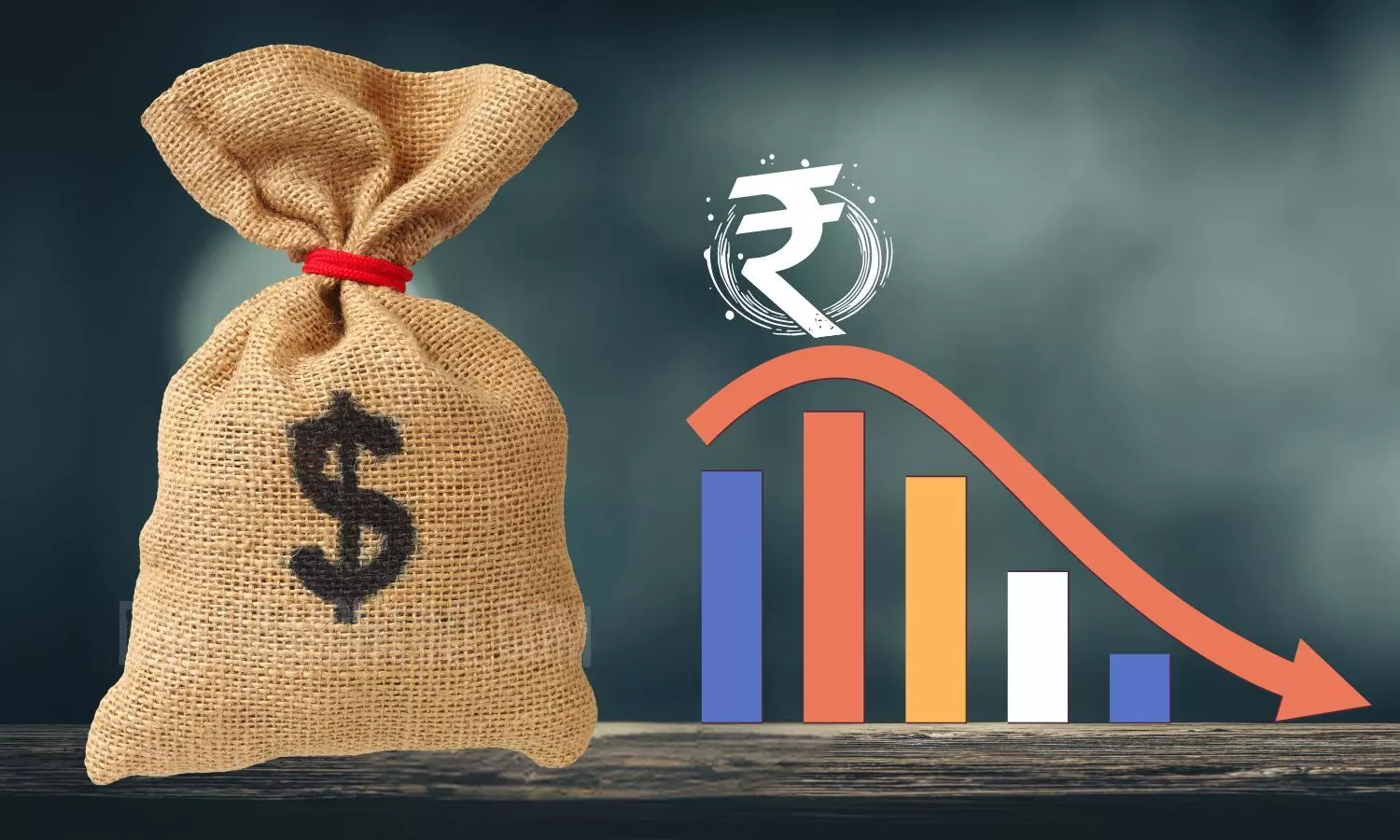 Dollar Sack, Rupee, Down graph