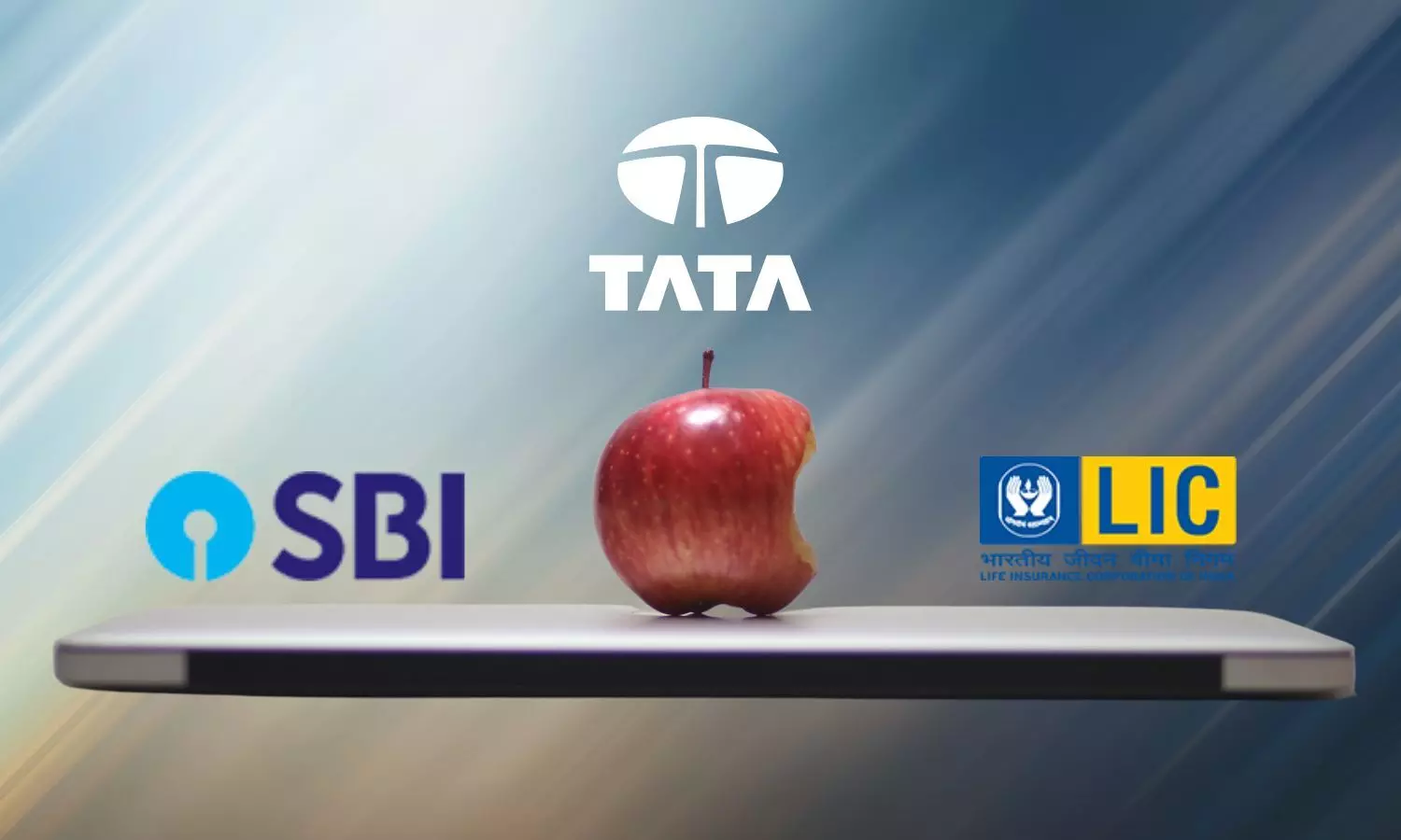 SBI, LIC, TATA logos, Apple, Apple laptop