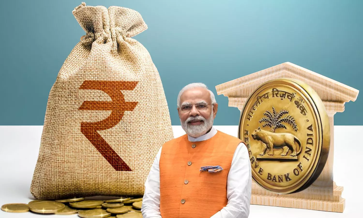 Indian Rupee sack, RBI Logo, Narendra Modi