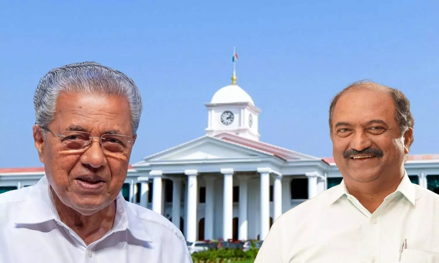 kerala chief minister pinarayi vijayan on the left, minister cn balagopal on the right , kerala governement secretariate on background