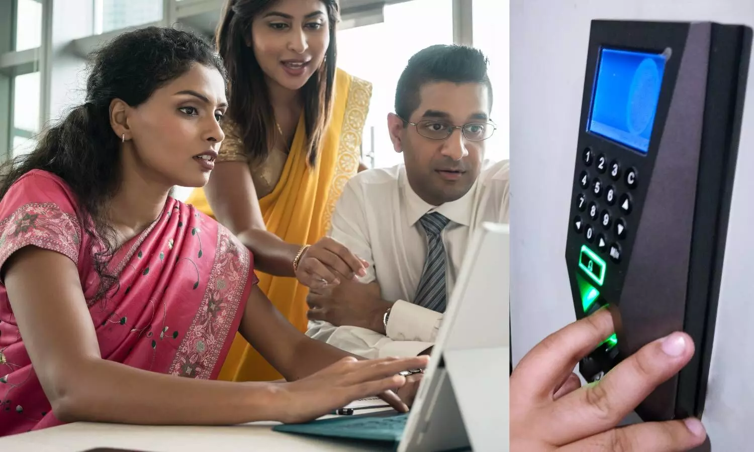 three employees working in their office and biometric attendance machine