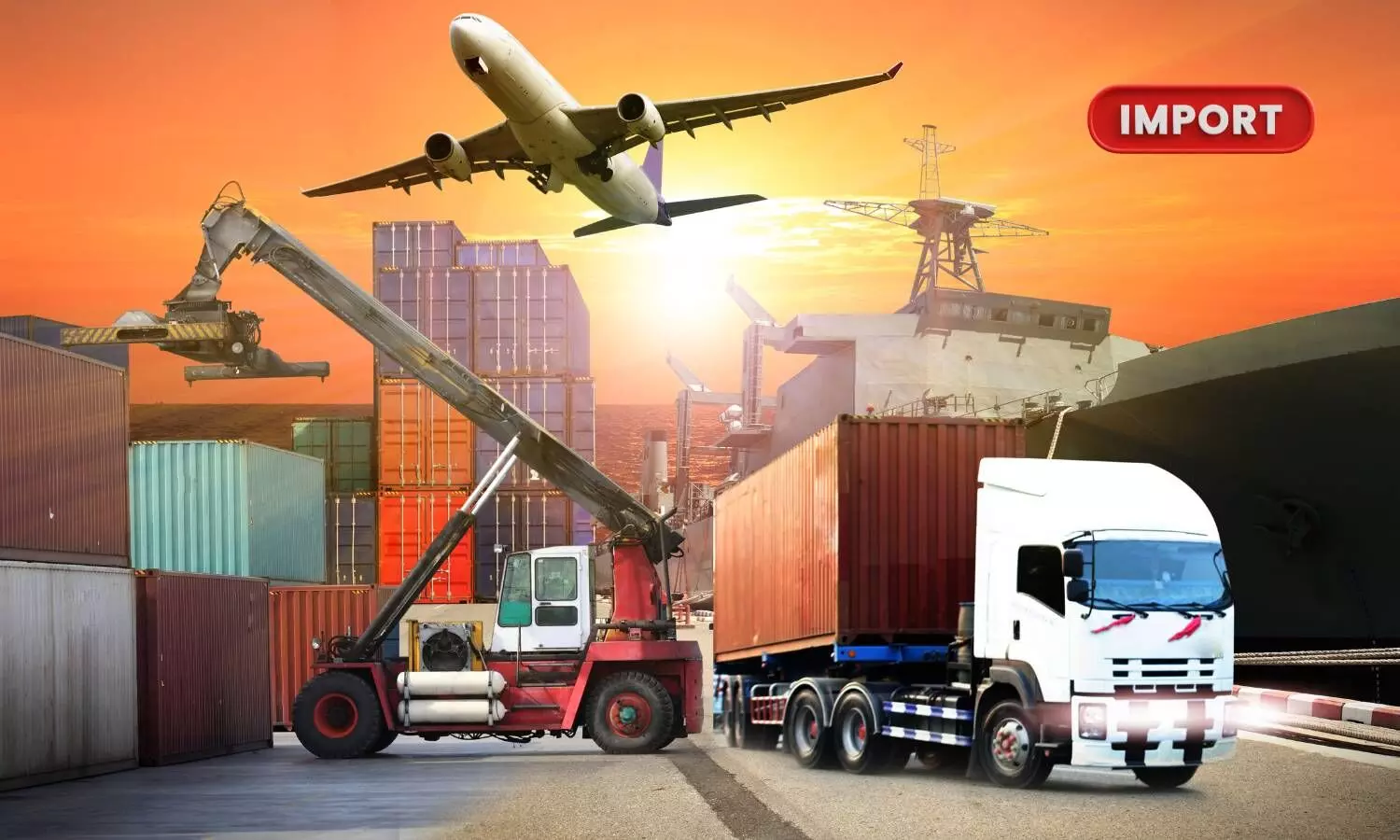 a ship, a plane, a fork lift, a container truck , containers looks like a port