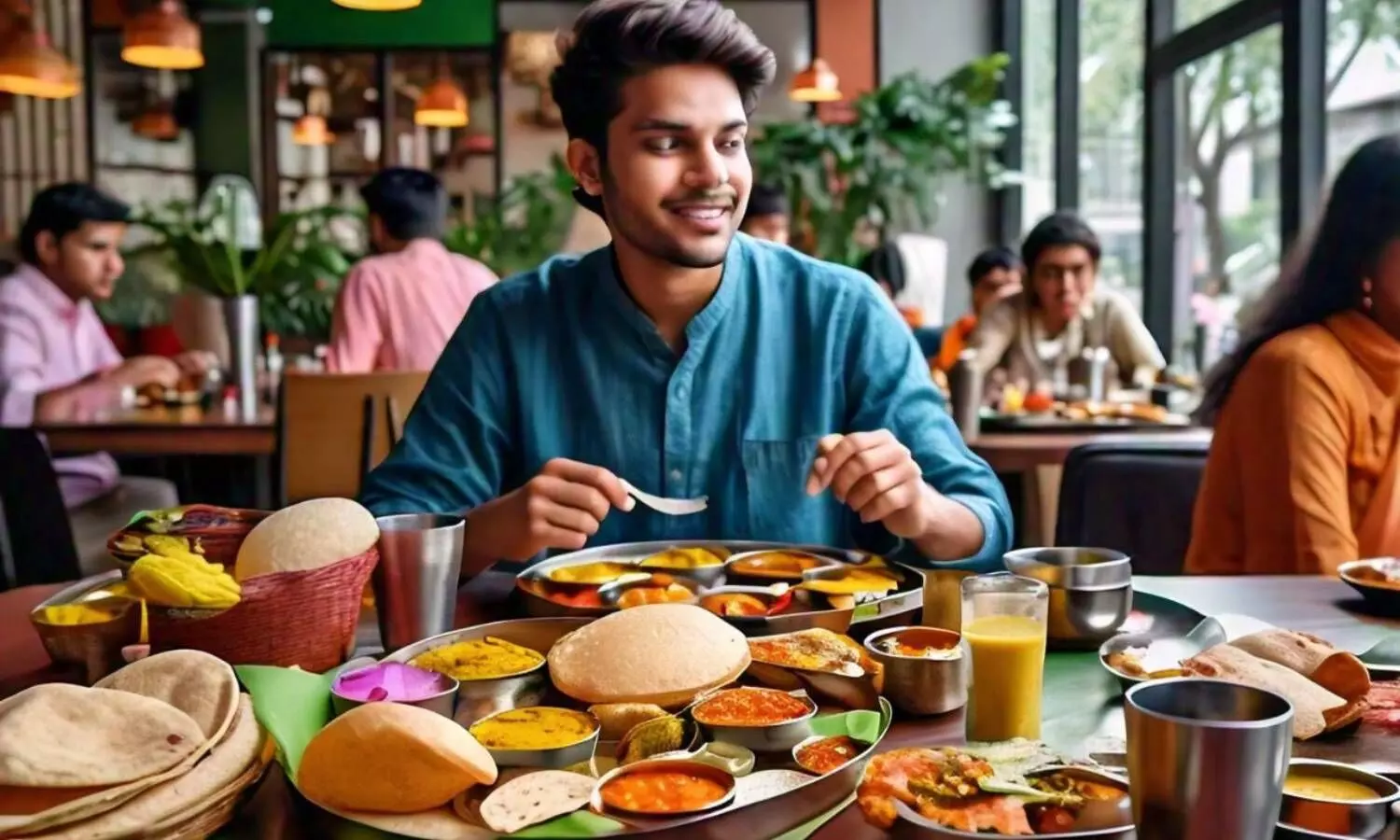 Indian man having Thali Meals