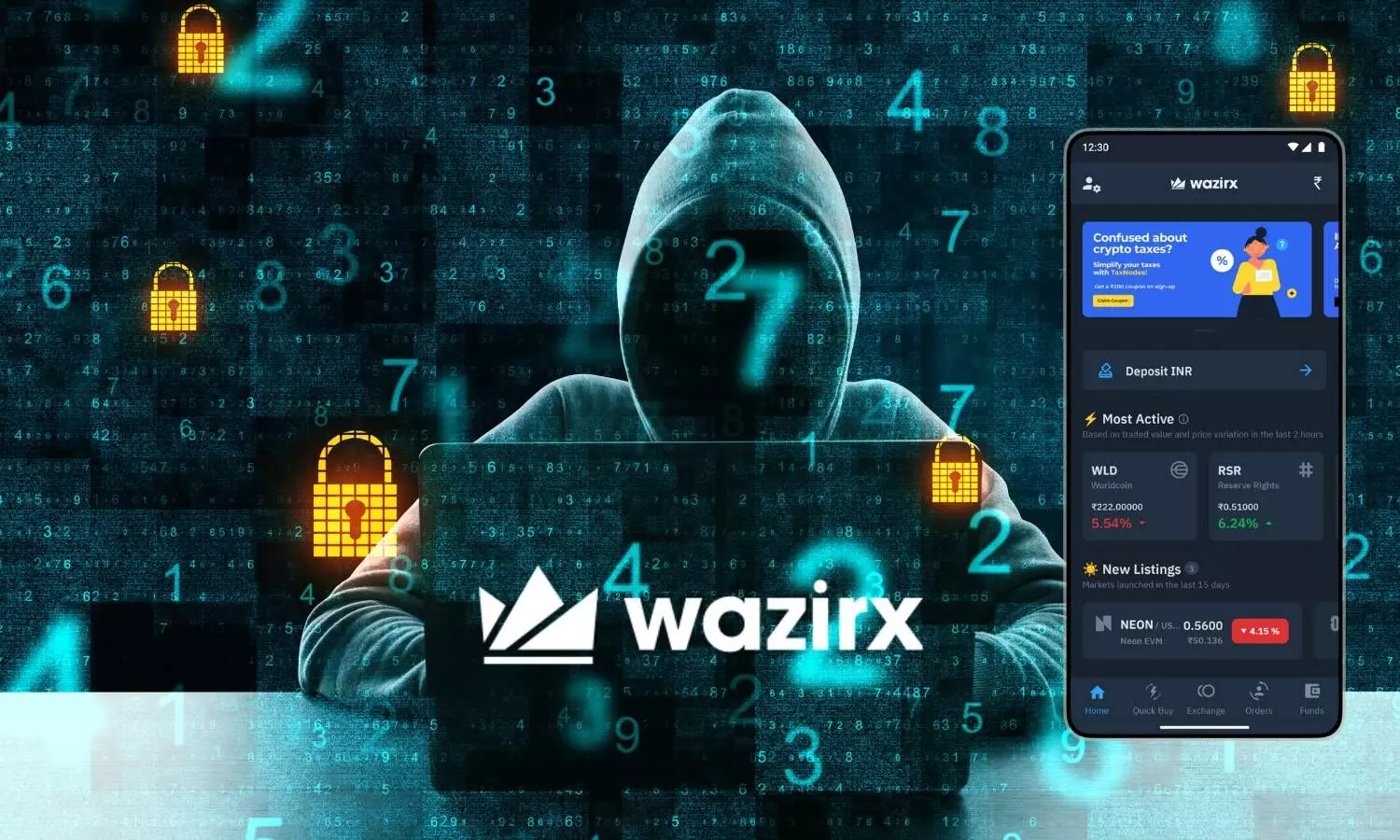 a masked man sitting in front of a laptop wazirx logo a mobile phone showing wazirx trading