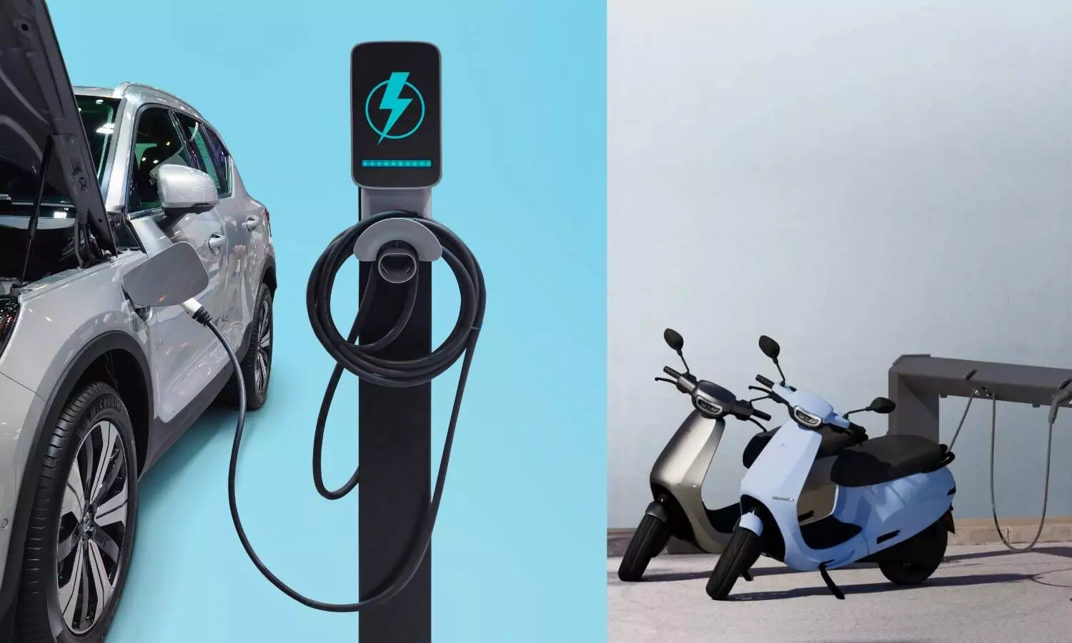 one car and two scooters are charging