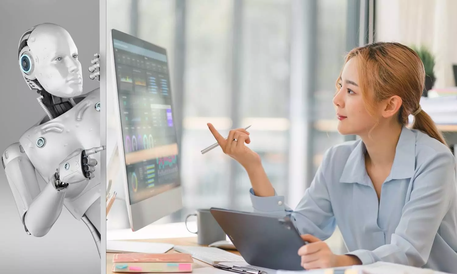 a girl sitting in front of a computer a robot looking from the corner