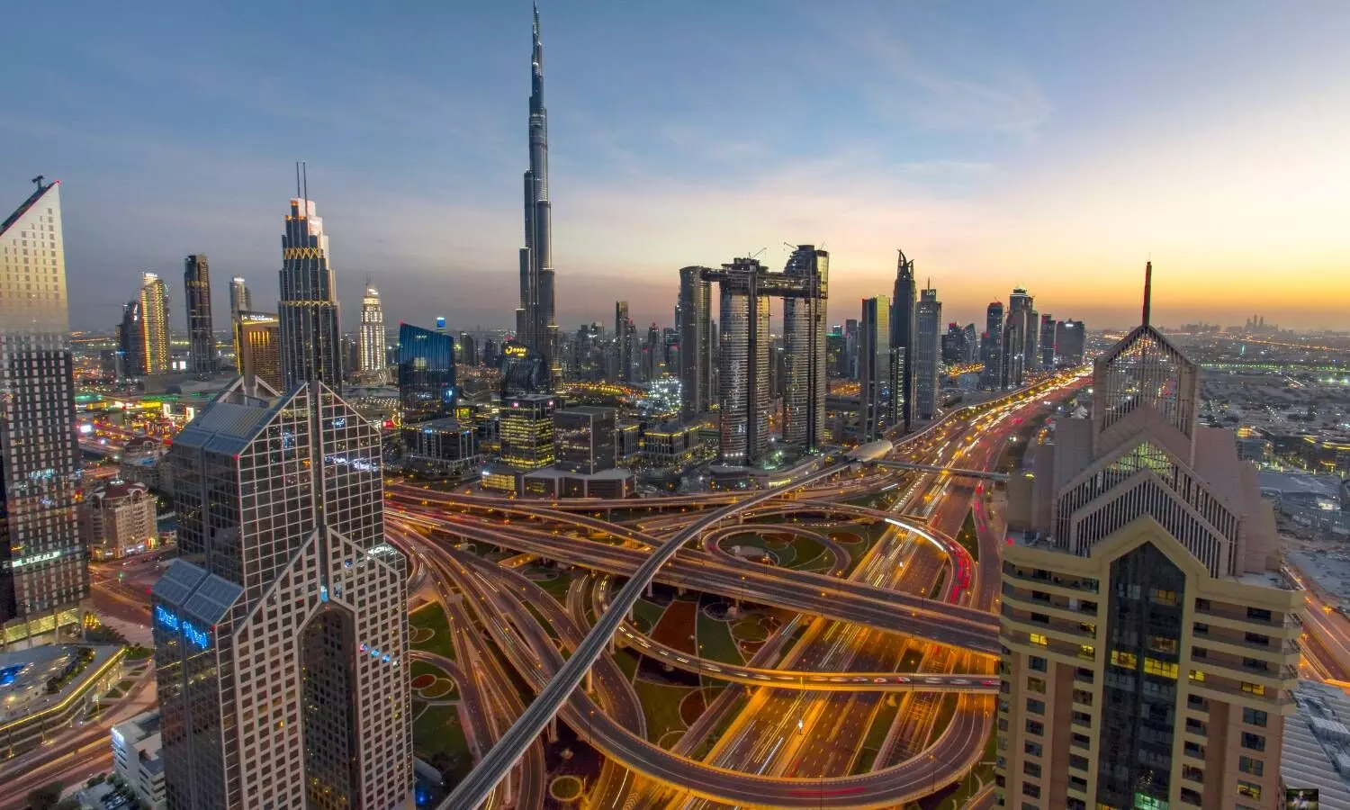 dubai areal view, buildings roads lights