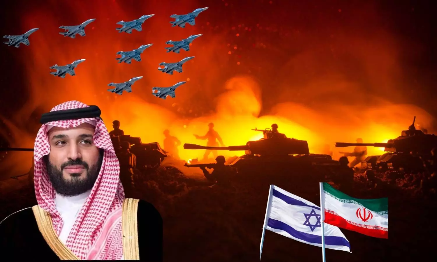 muhammed bin salman crown prince of saudi arabia iran israel flags, a set of jets image of a war