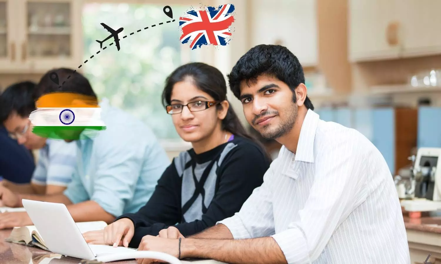 two students in library with indian and uk flag