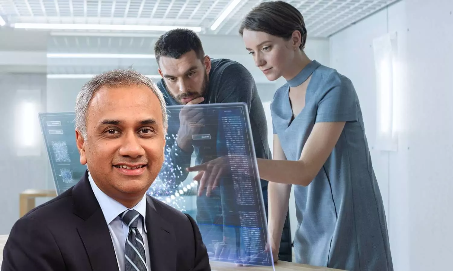 infosys ceo salil parekh back ground image: two professionals checking a computer screen