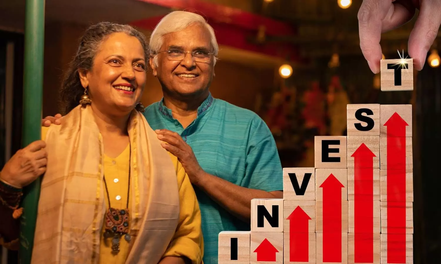 old happy couple, with invest logo