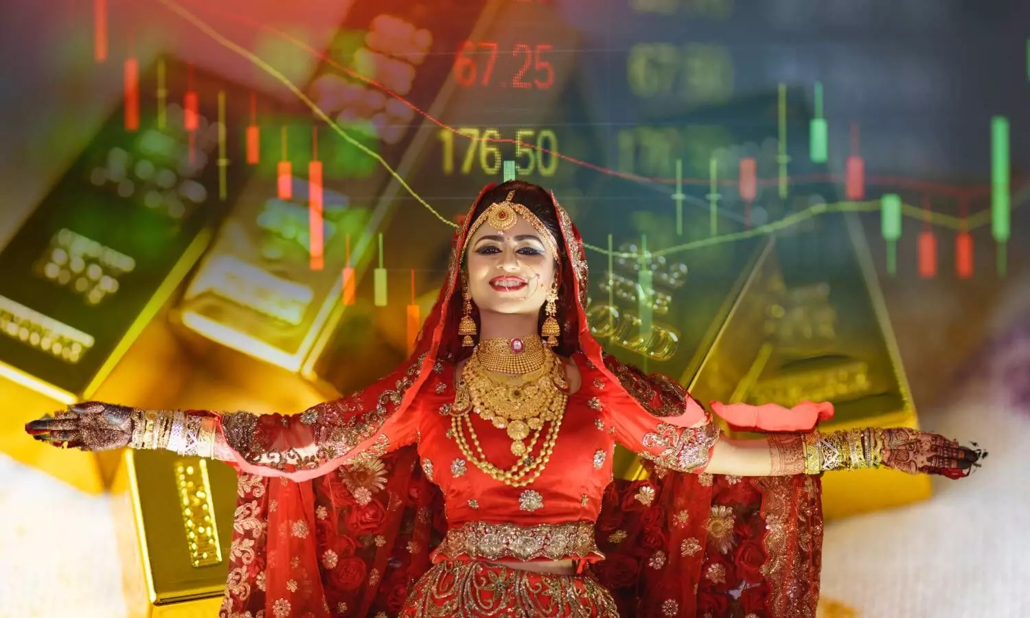 gold price up, a girl in red dress with gold jewelry