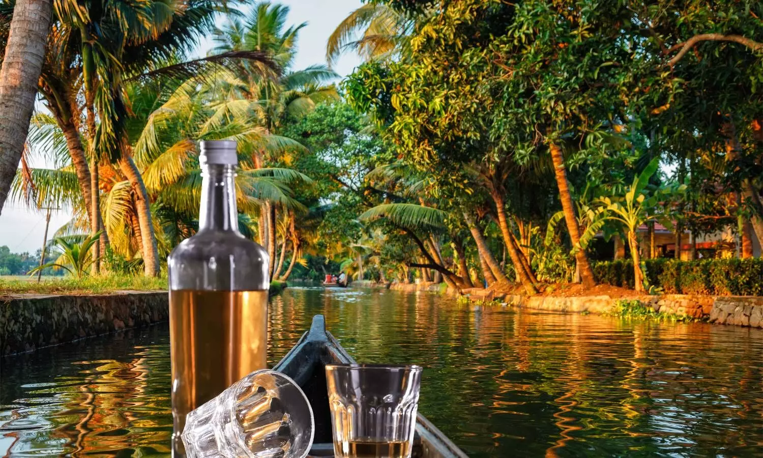 a bottle of liquor and back waters of kerala