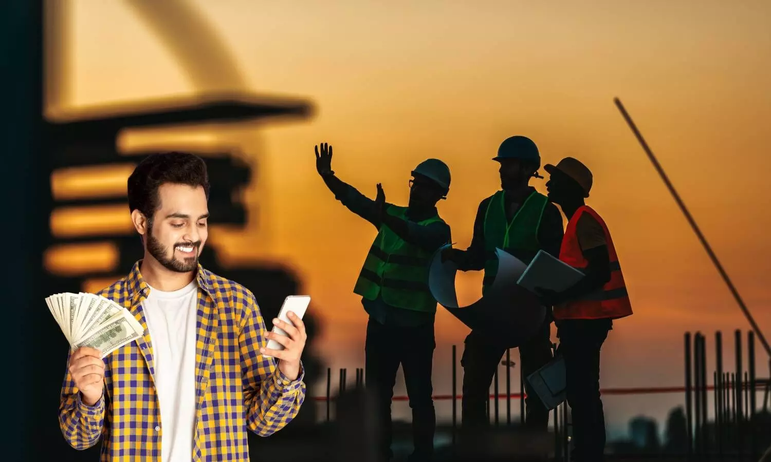 indian workers in a construction site a man holding money in his hands seeing happy