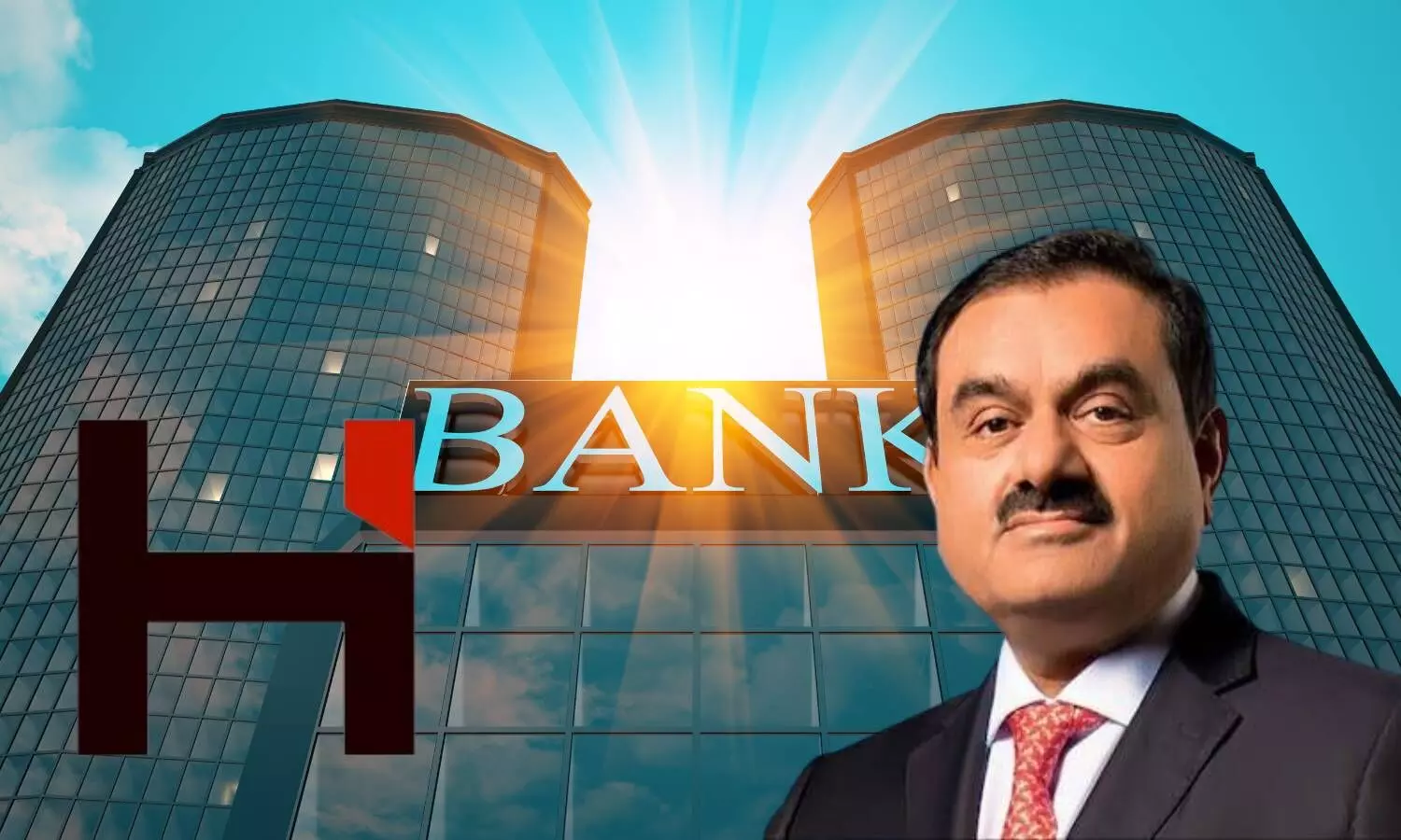 gautam adani hindenburgh logo and board of a bank