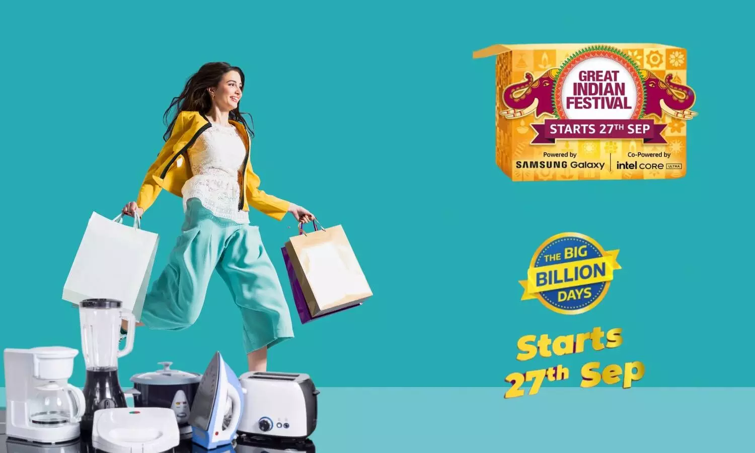 the great indian sales by amazon , the big billion day by flipkart, a lady going for shopping , electronics appliances