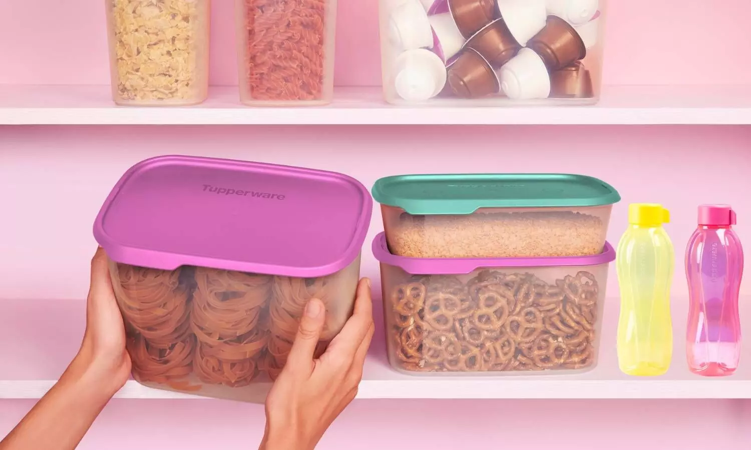 tupperware kitchen plastic containers and water bottles in a shelf