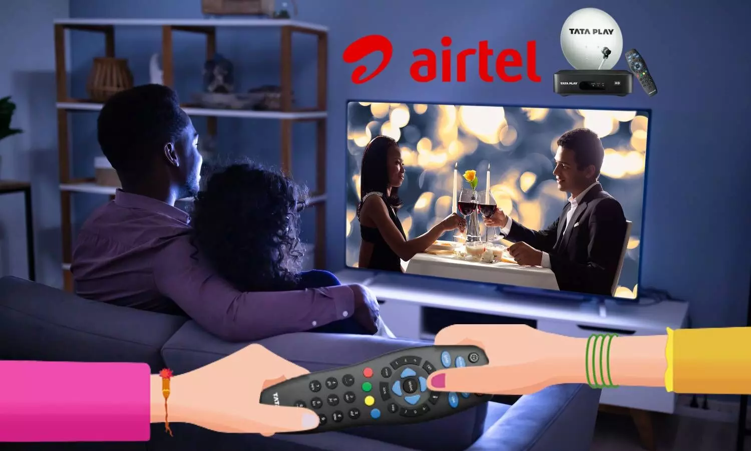 people watching tv two hands with tv remote airtel and tata play logo