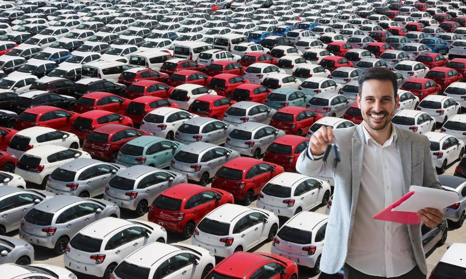 bunch of cars in a yard a sales man with car key