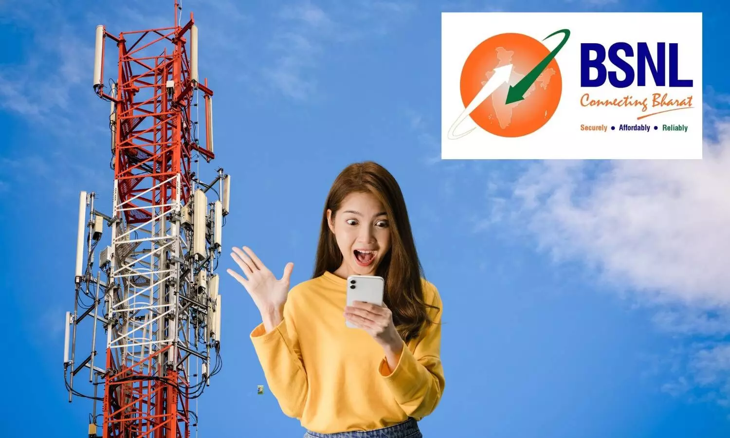 a mobile tower, new bsnl logo, a girl looking into a mobile phone