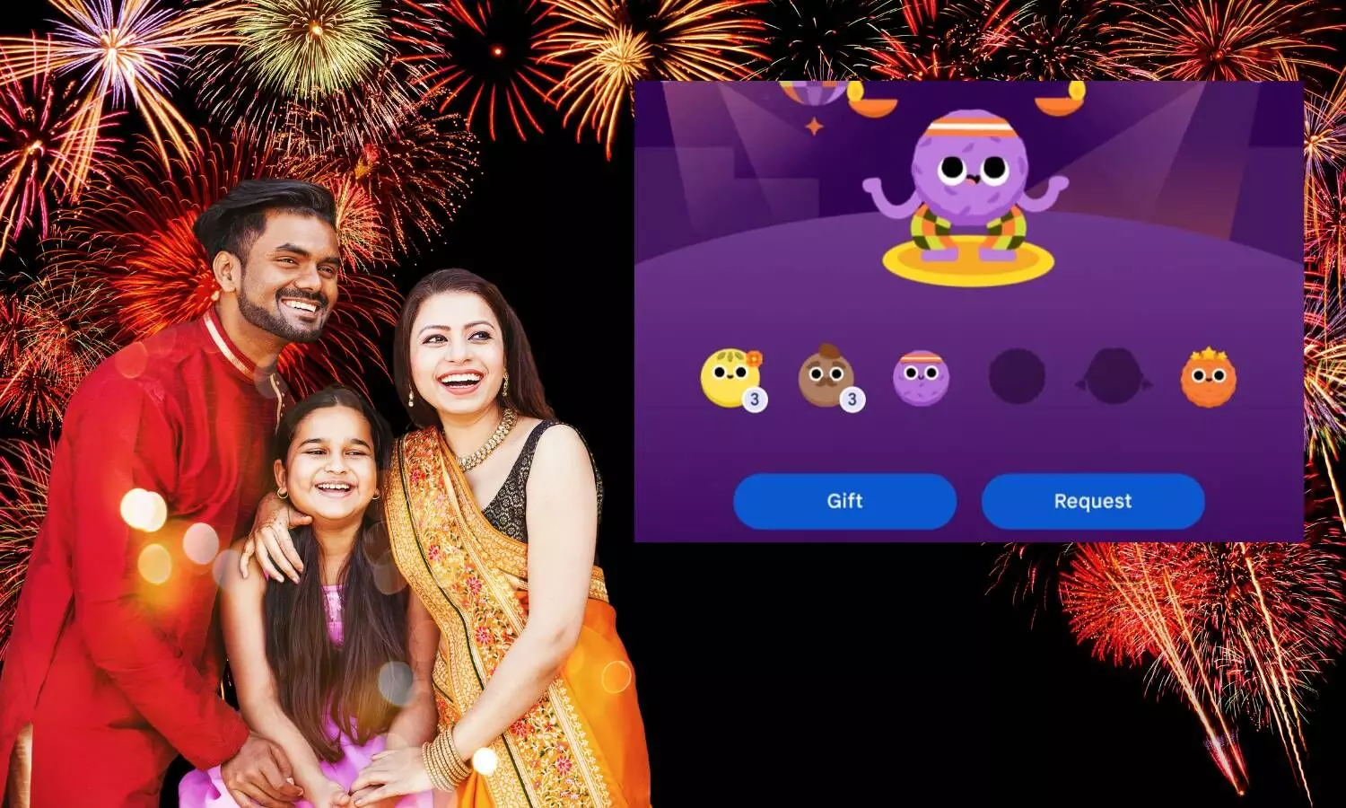 a indian family celebrating diwali , google pay ladoo campaign