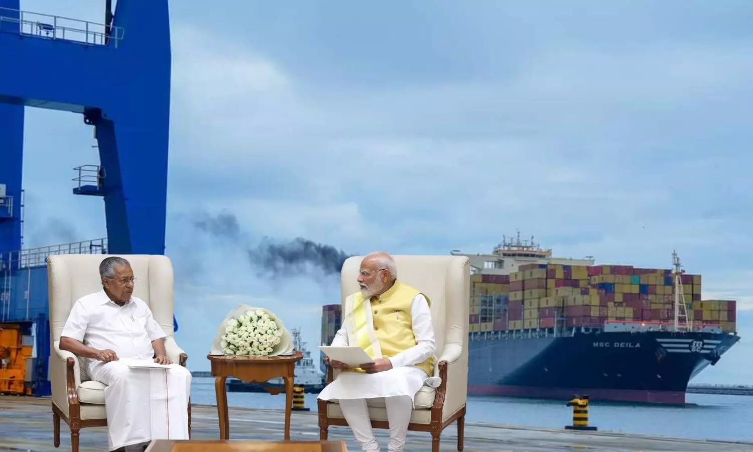 kerala chief minister pinarayi vijayan and prime minister Narendra Modi background vizhinjam international sea port