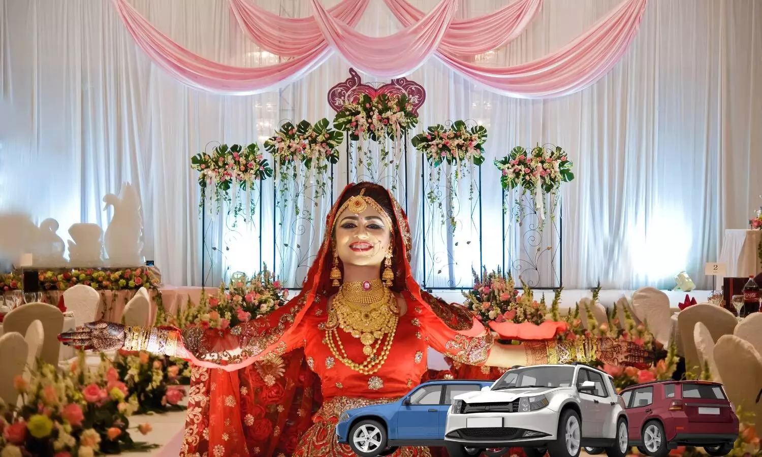 an indian bride in front of a wedding hall and few cars