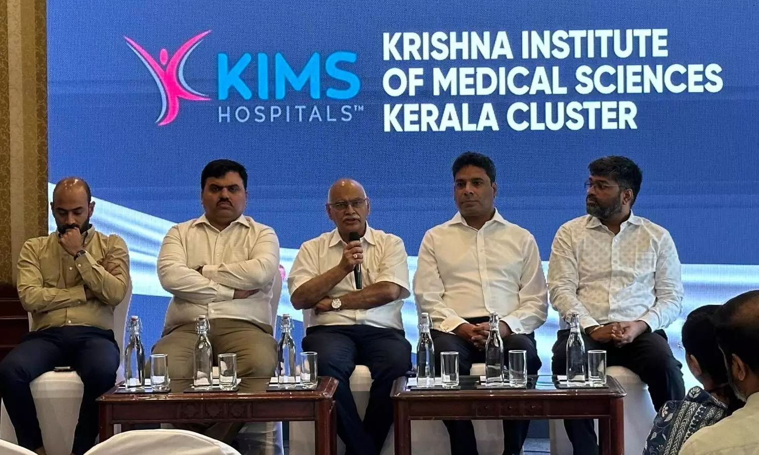 At the press conference, KIMS CEO Dr. B. Abhinay, Kerala Cluster CEO and Director Farhan Yasin, Chairman and Managing Director Dr. Bhaskar Rao, Director Dr. Sreenath Reddy, and Kerala Cluster CFO Arjun Vijayakumar (from left to right) were present