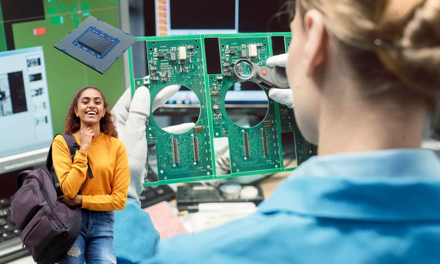 a chip building facility, a girl smiling , semi conductor chips