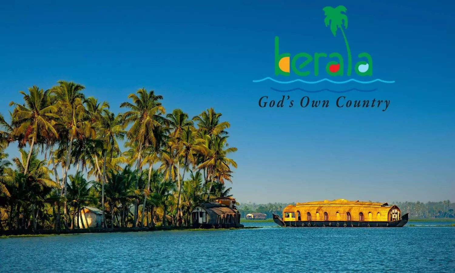 backwaters of kerala with a house boat and kerala gods own country logo