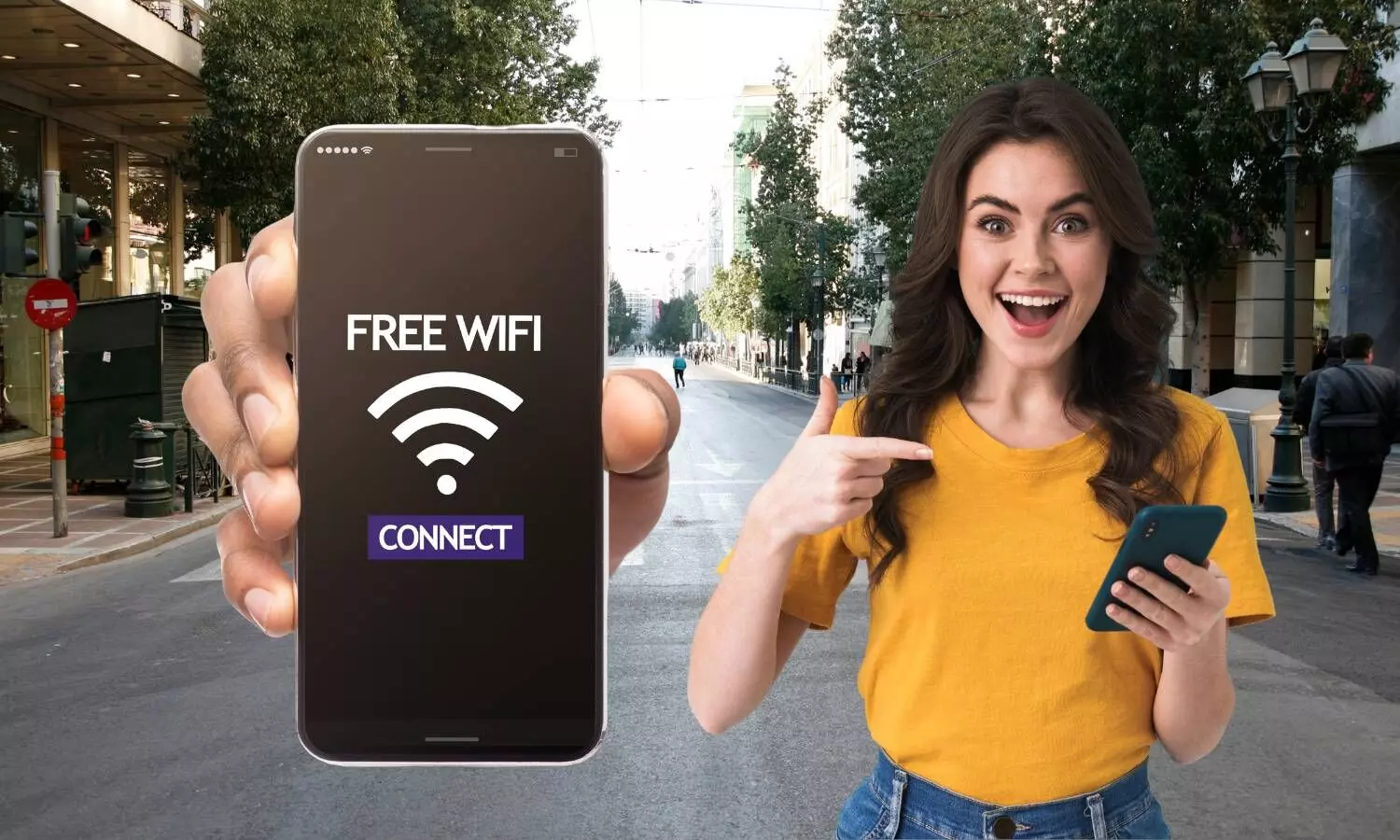 a girl holding a mobile phone , mobile phone displaying free wifi a public street on the background