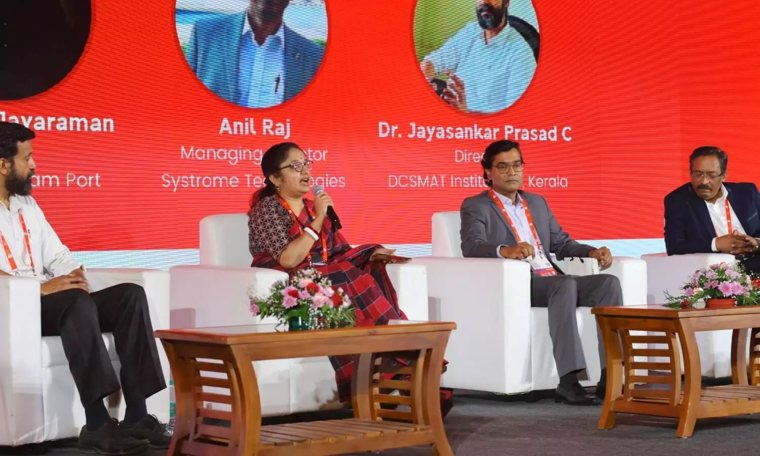 Dr Divya S Iyer, Managing Director, Vizhinjam International Seaport Limited, Mr Pradeep Jayaraman, CEO of Adani Vizhinjam Port and Mr Anil Raj, MD of Systrome Techonologies at the panel discussion on ‘The Vizhinjam Potential’ at Huddle Global Fest 2024 held at Kovalam on Thursday. Moderator for the discussion Dr Jayasankar Prasad C, Director of DCSMAT Institutions, is also seen.