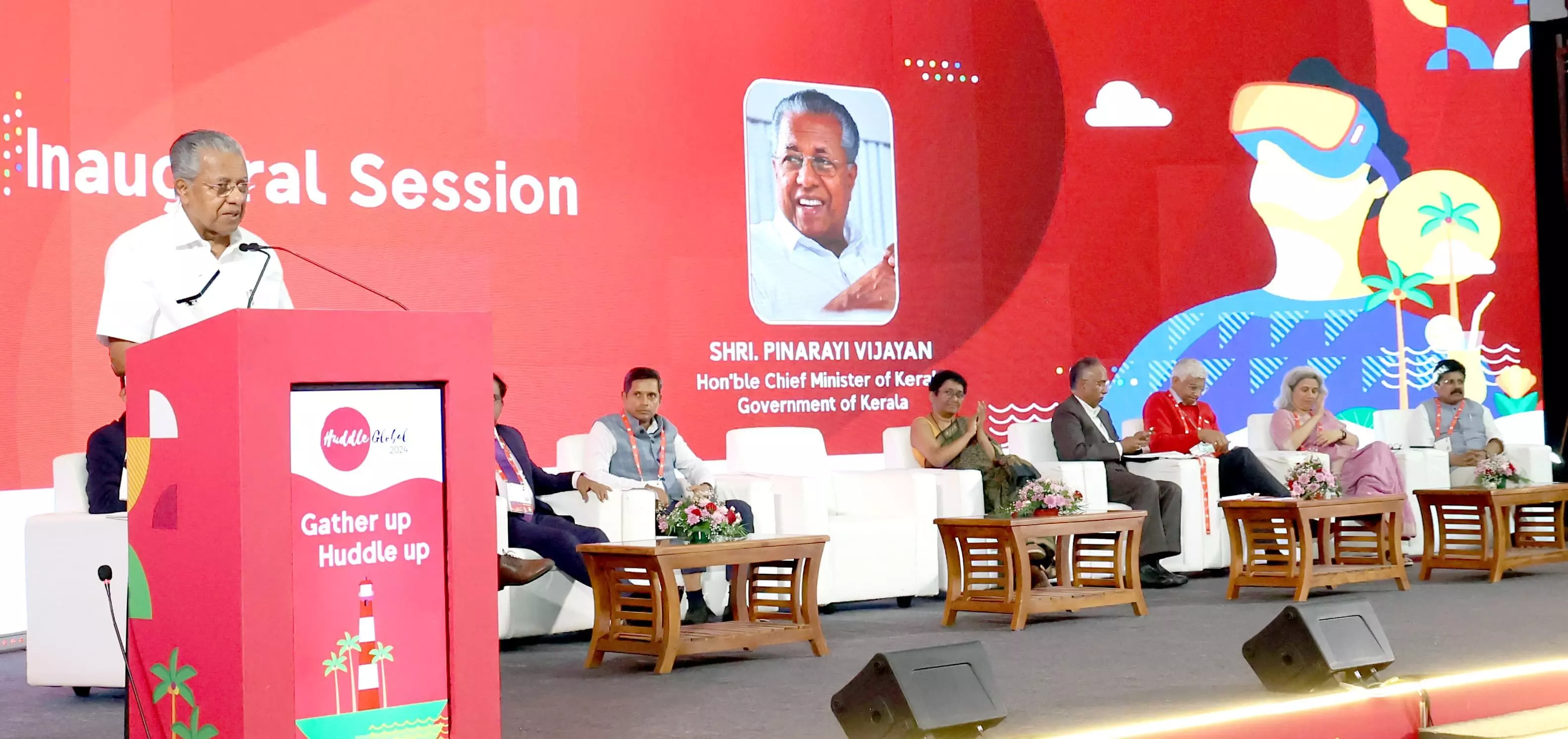 Chief Minister Shri Pinarayi Vijayan inaugurating Huddle Global 2024 at Kovalam on Thursday. Also seen are Mrs. Sarada Muraleedharan, Chief Secretary, Dr Rathan U Kelkar, Secretary, Electronics & IT, Mr S D Shibulal, Co-founder, Infosys & Vice Chairman, High Power IT Committee, Govt. of Kerala, Mr. Anoop Ambika CEO KSUM and Mrs Bhuvaneshwari A, CGM SBI