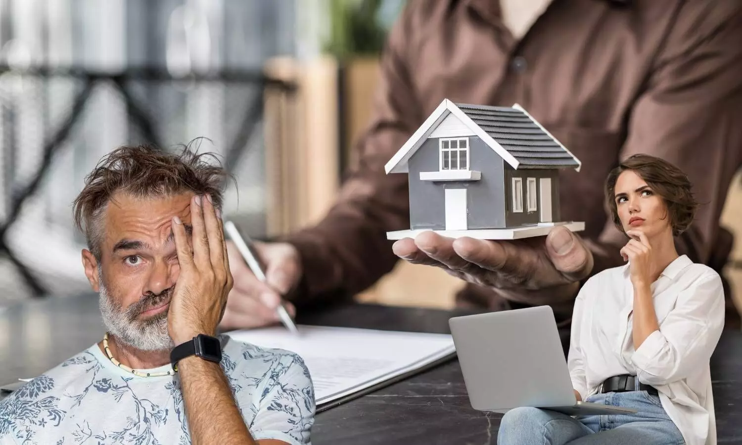 confused business woman and man with a property background