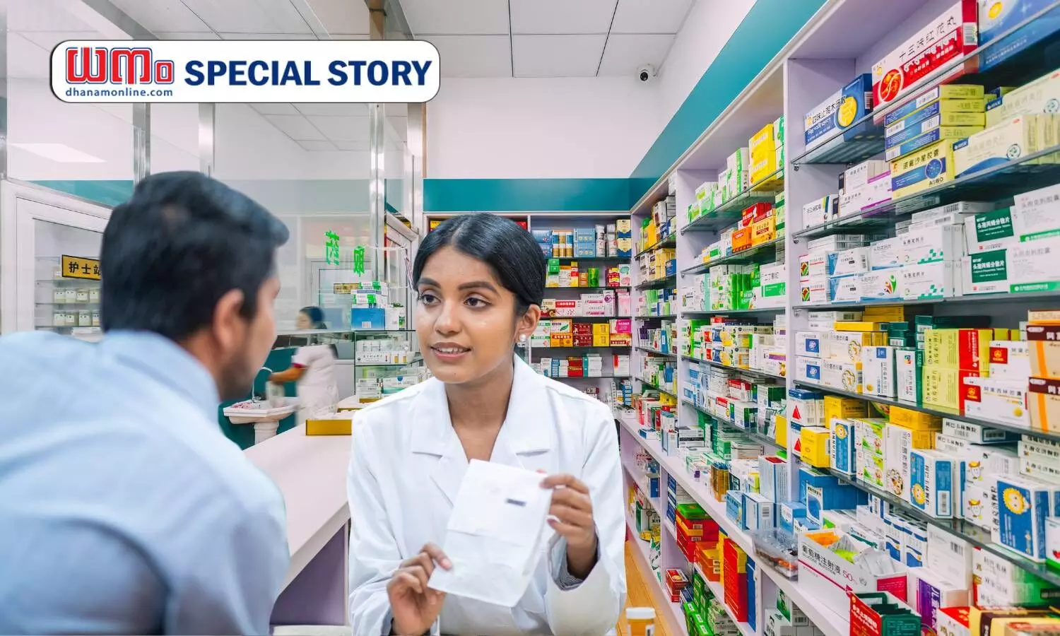 indian medical store representational image, a lady pharmacy assistant talking to a customer , dhanam special story logo